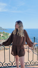 Combi-short avec manches longues ouvertes chocolat - Paloma