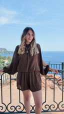 Combi-short avec manches longues ouvertes chocolat - Paloma