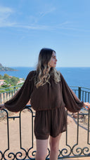 Combi-short avec manches longues ouvertes chocolat - Paloma