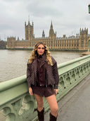 Veste marron à pois blancs modèle Westminster vue de face, style bomber col montant 100% coton